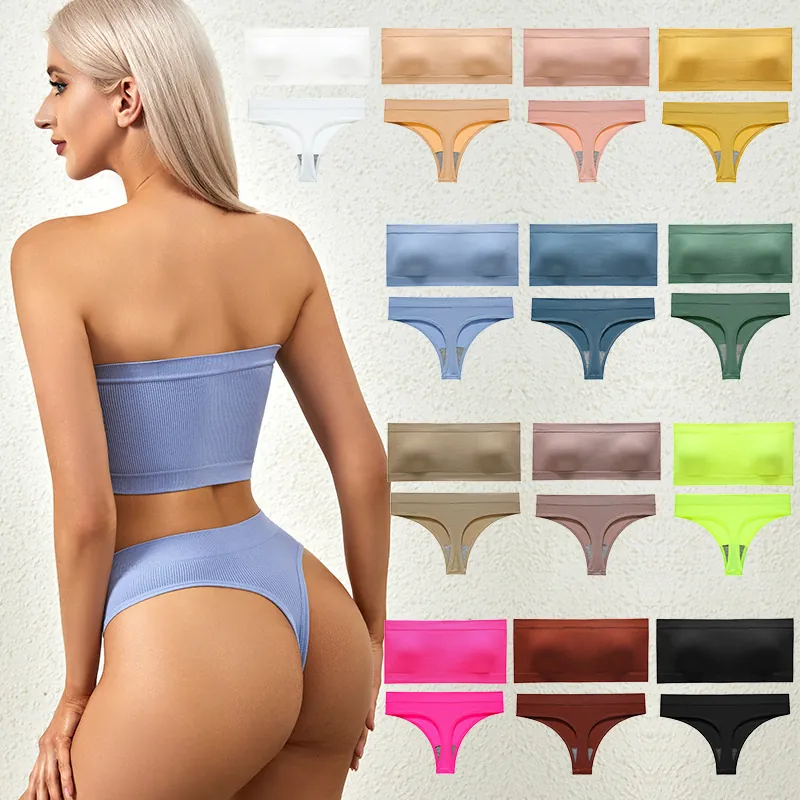 Women Seamless Ribbed Bandeau Top And Thong Underwear Bra Combination Breathable Strapless Wireless Solid Color Lingerie