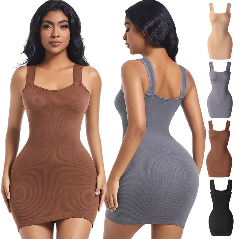 Women Sexy Ribbed Seamless Bodycon Mini Dress Square Neck Sleeveless Tank Dress High Stretch Shaping Summer Clubwear Outfit