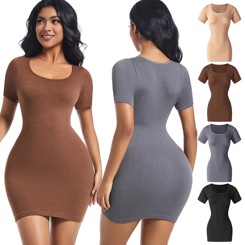 Women's Seamless Ribbed Mini Dress Short Sleeve Slim Fit Bodycon Summer Sporty Athletic Yoga Dress Solid Color Outfit
