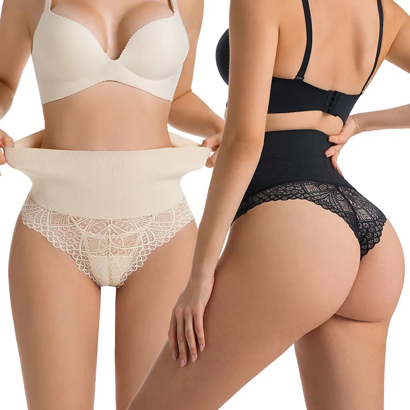 Women Sexy High Waisted Tummy Control Thong Shapewear Lace Floral Shaping Panties Seamless Slimming Body Shaper Underwear