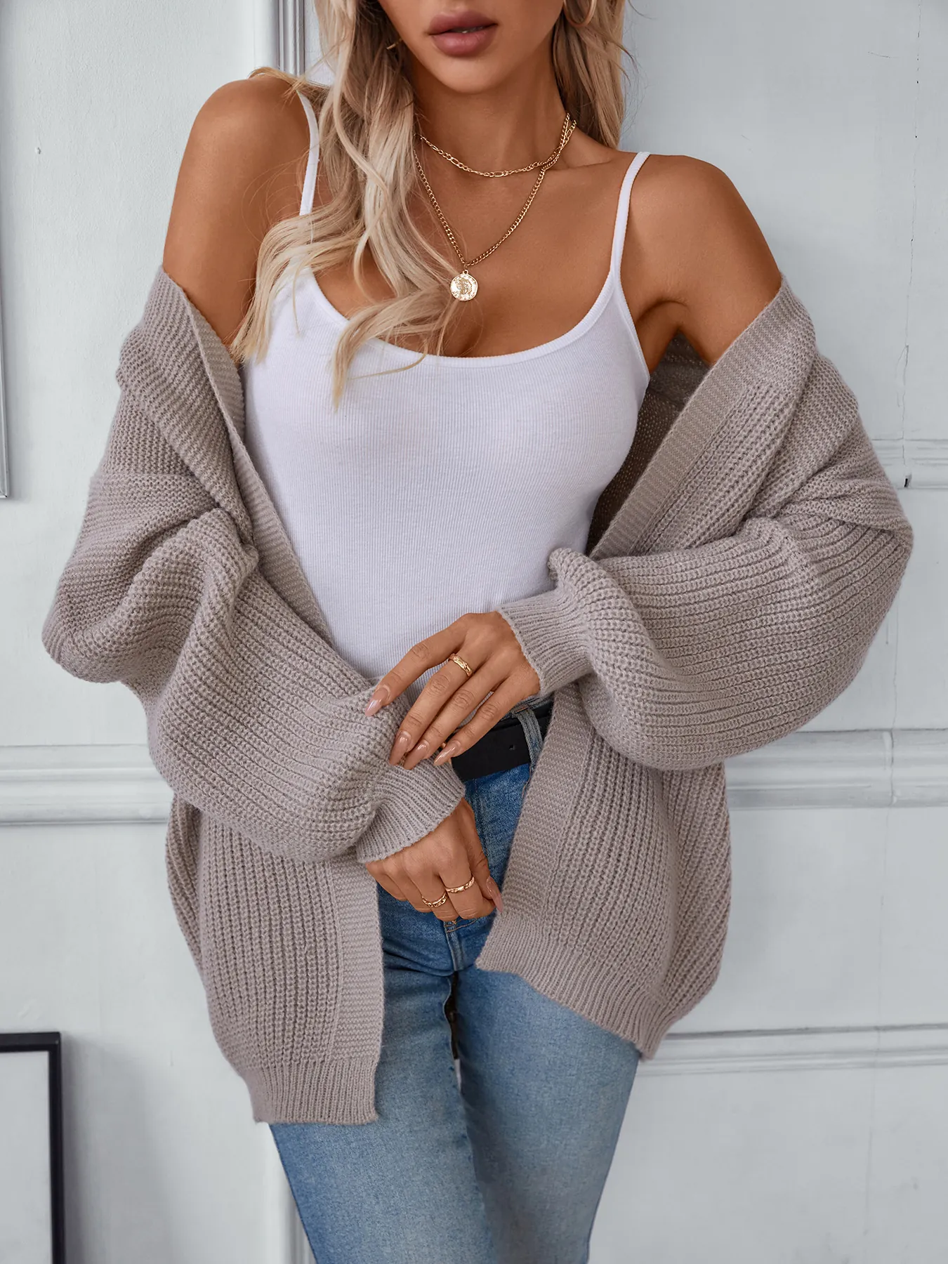 Women Casual Loose Chunky Knit Cardigan Solid Color V Neck Drop Shoulder Ribbed Cuff Polyester Outerwear Mid Length Sweater