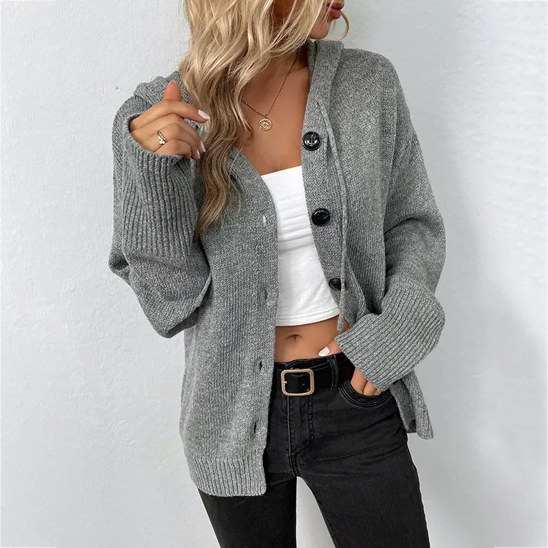 Damen Casual Strickjacke Mit Kapuze Einreihig Knopfleiste Langarm Einfarbig Kordelzug Oberbekleidung Top