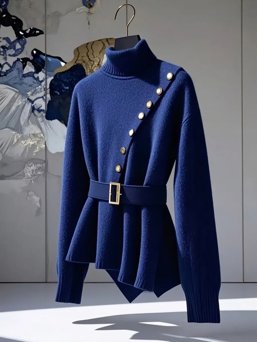 Women Elegant Turtleneck Knit Sweater Gold Crest Buttons High Neck Long Sleeve Solid Royal Blue Irregular Hem Pullover Knitwear