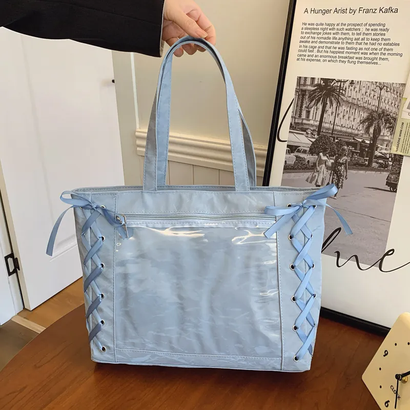 Women Large Capacity Canvas Ita Bag Clear Window Sweet Ribbon Laced Shoulder Bag Japanese Style Tote Bag Daily Handbag