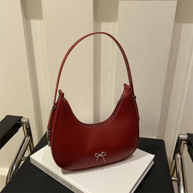 Sac sous le Bras en Cuir PU avec Nœud Papillon Mode pour Femmes Sac Croissant Hobo Élégant Sac à Main Couleur Unie pour Filles