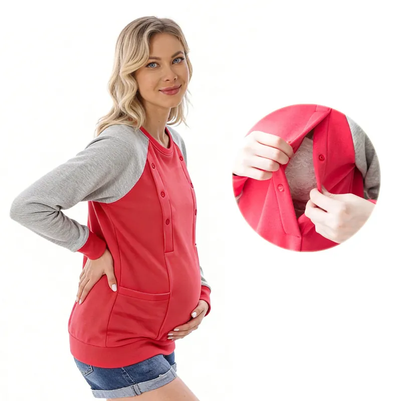 Maternity Nursing Hoodie For Women Long Sleeve Color Block Sweatshirt With Feeding Opening Winter Casual Pregnancy Clothes