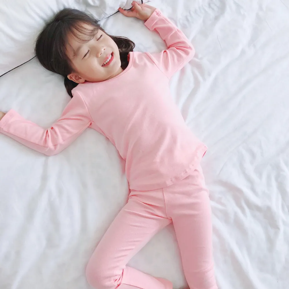 Kids Pure Cotton Pajamas Set Thermal Long Sleeve Loungewear For Boys Girls Soft Solid Color Sleepwear Home Clothes