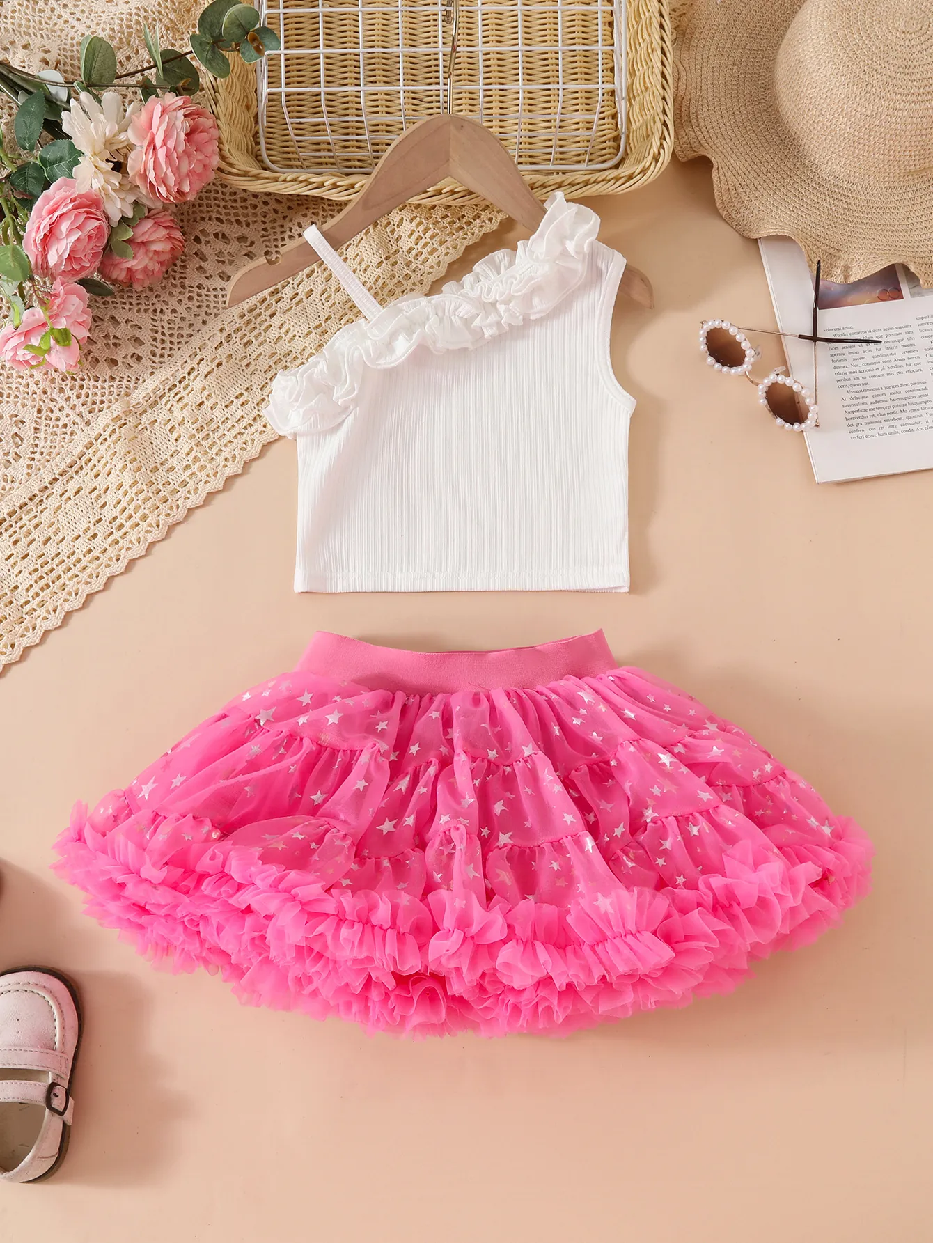 Girls Princess One Shoulder Ruffle Top And Star Printed Mesh Tutu Skirt Summer Fashion Outfit For Kids