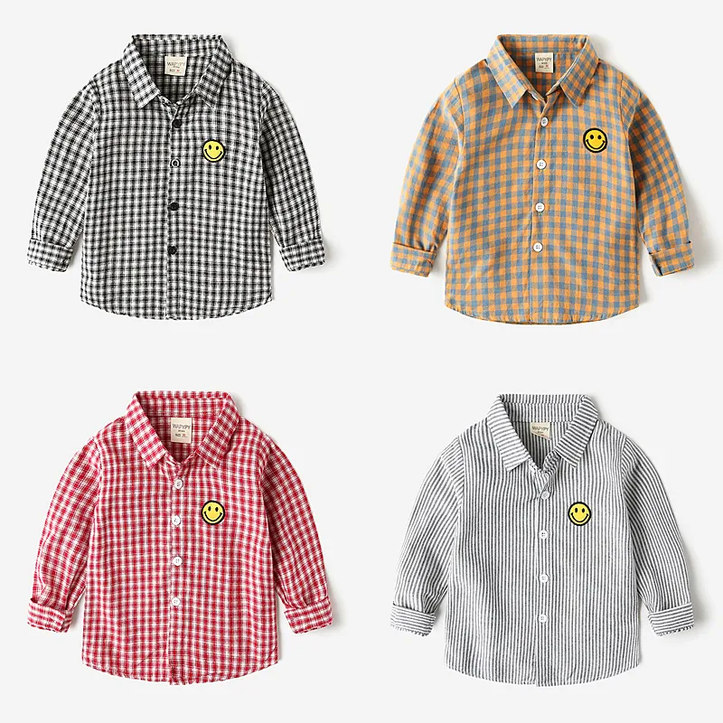 Boys Long Sleeve Plaid Stripe Shirt Cotton Turn Down Collar Top With Smile Face Patch Embroidery Casual Clothes