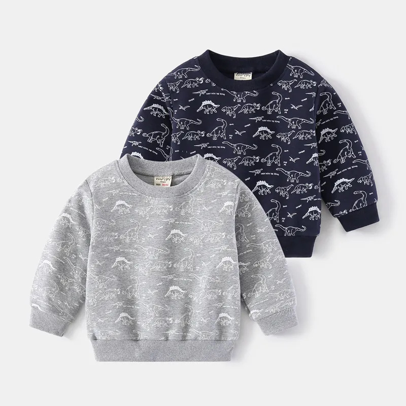 Toddler Boys Cartoon Dinosaur Full Print Sweatshirt Soft Cotton Blend Long Sleeve Pullover Spring Autumn Kids Casual Top