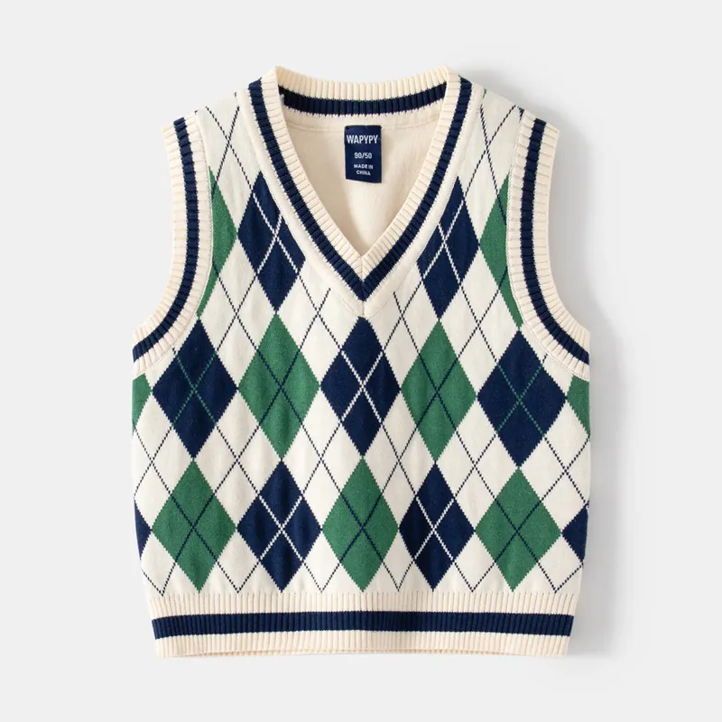 Gilet in Maglia con Scollo a V per Ragazzi Maglione Argyle Senza Maniche per Bambini Gilet Casual Autunnale in Misto Cotone