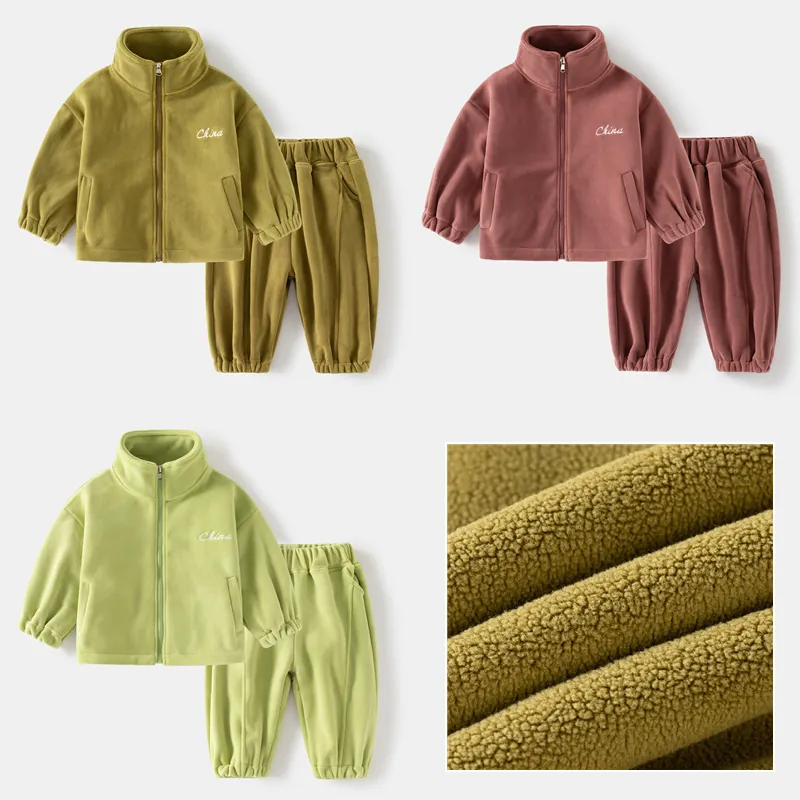 Kids Polar Fleece Loungewear Including Jacket And Pants Warm Thickened Winter Clothing With Letter Embroidery Boys Girls