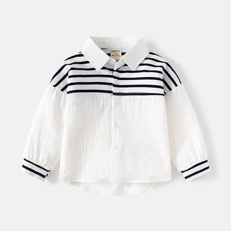 Boys Fashion Cotton Striped Shirt Soft Breathable Long Sleeve Fake Two Piece Patchwork Tops For Spring Autumn Kids Casual Clothing