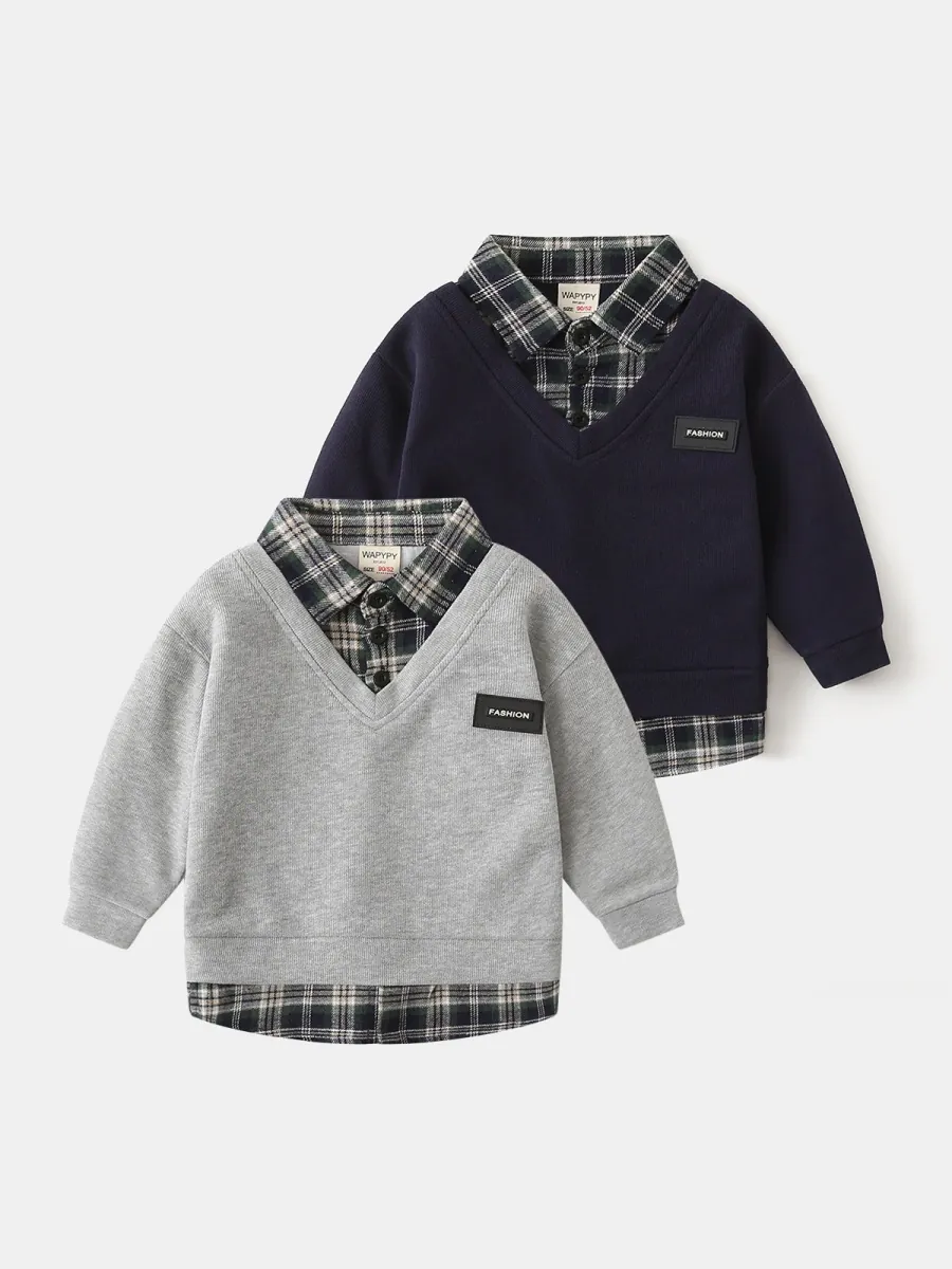 Boys Casual Faux Two-Piece Sweatshirt Cotton Blend Long Sleeve Patchwork Plaid Collar Fashion Kids Pullover Fall Tops