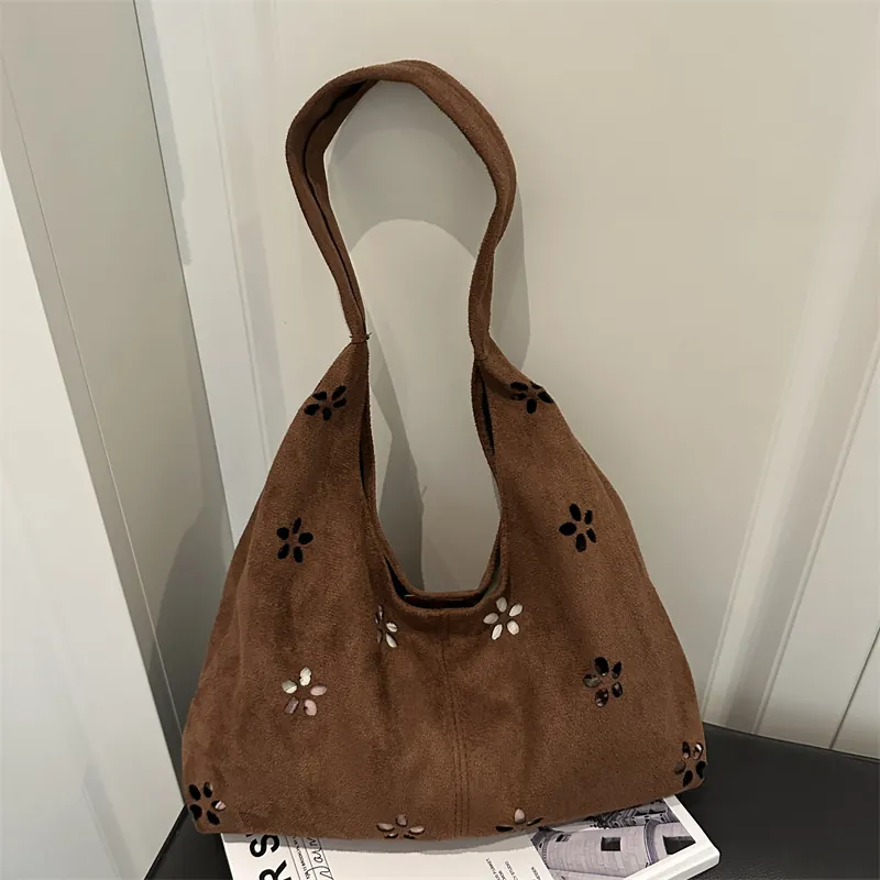 Borsa Tote da Donna in Finta Pelle Scamosciata Intagliata Borsa a Spalla Taglio Laser a Fiori Grande Capacità Hobo Borsa a Mano Retro