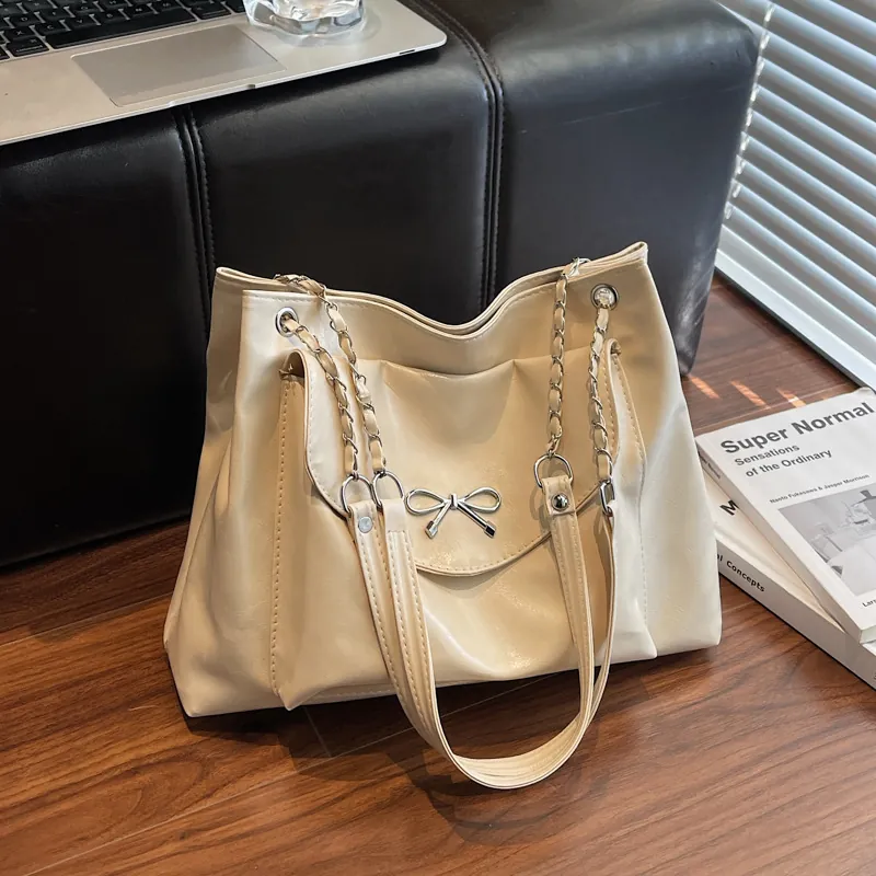 Women Large Capacity PU Leather Tote Bag Bow Decor Chain Strap Fashion Casual Crossbody Bag Commuter Shoulder Purse