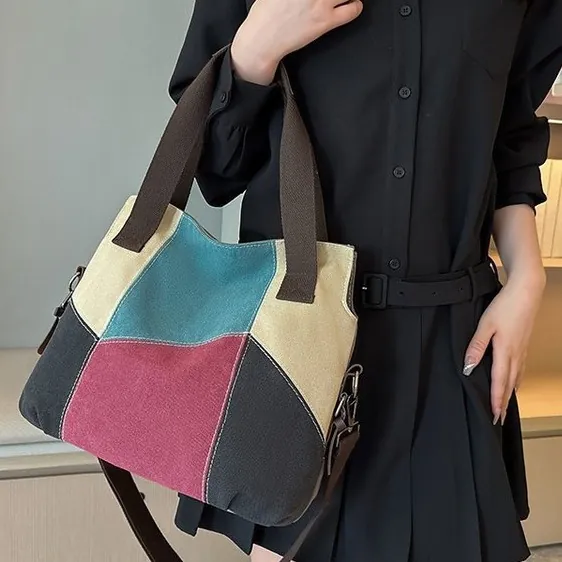 Sac Fourre-tout en Toile Vintage pour Femmes Patchwork de Couleurs Grande Capacité Sac à Épaule Minimaliste Urbain