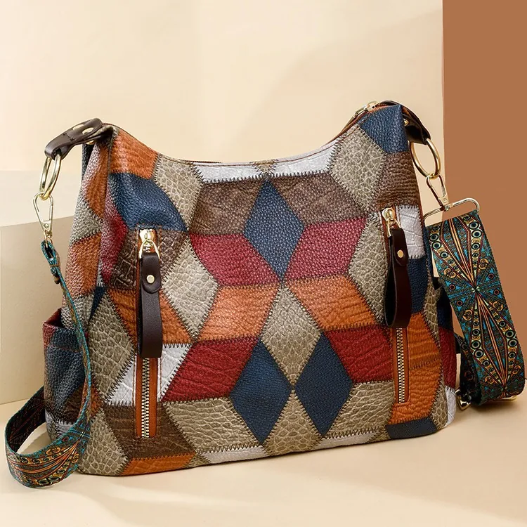 Vintage Patchwork Tote Bag For Women Large Capacity Shoulder Crossbody Bag With Ethnic Printed Wide Strap PU Leather Handbag