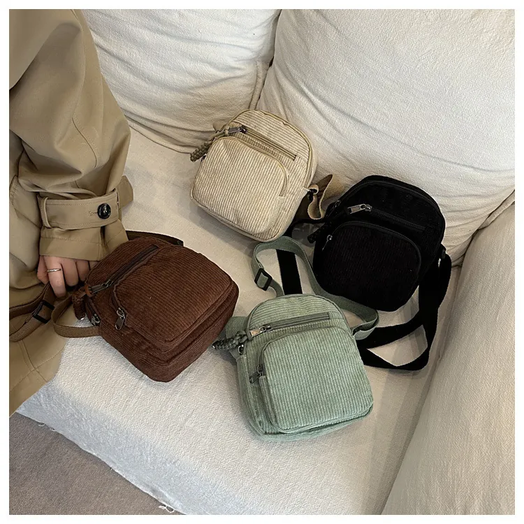 Women Casual Corduroy Solid Color Small Shoulder Bag Campus Style Fashion Crossbody Bag With Adjustable Strap Multiple Pockets
