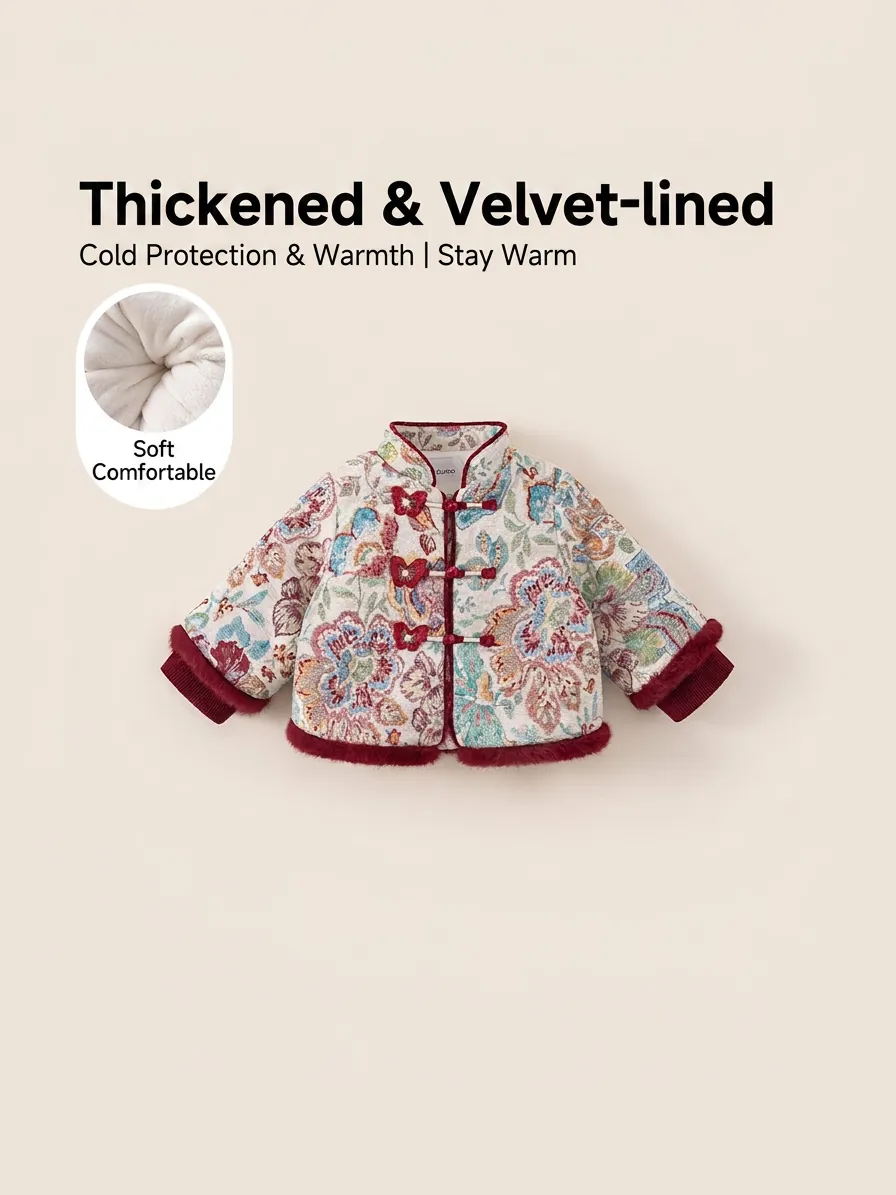 Girls Chinese Style Winter Coat Jacquard Floral Tang Suit Thickened Padded Jacket Faux Fur Trim Butterfly Buttons Outerwear