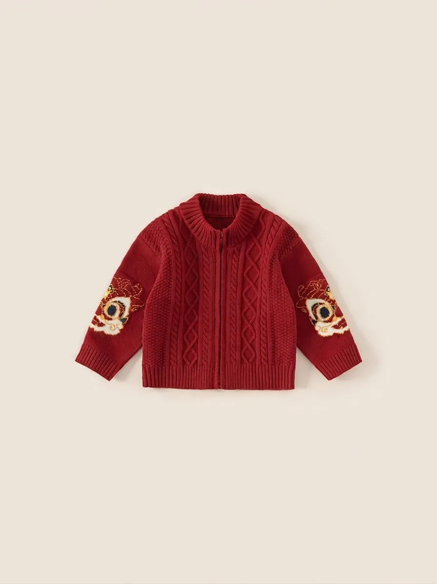 Cardigan en Tricot Rouge Style Chinois pour Enfants Broderie Danse du Lion Pull à Col Montant Zippé pour Garçons Filles Nouvel An