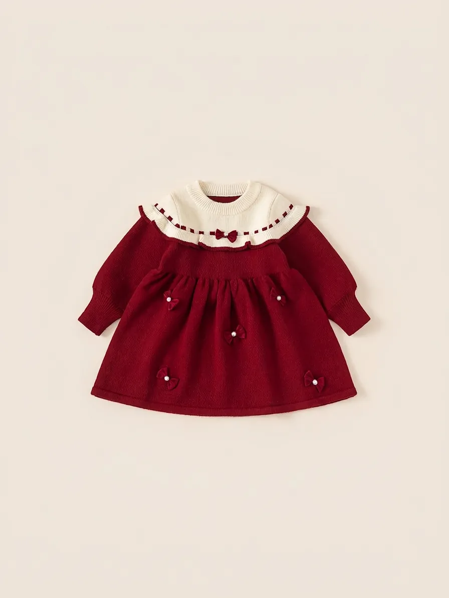 Robe en Tricot Pour Fillettes Manches Longues Col Contrasté Nœud Künstliche Perle Artificielle Hiver Chaud Festif Coupe en A Mélange Acrylique