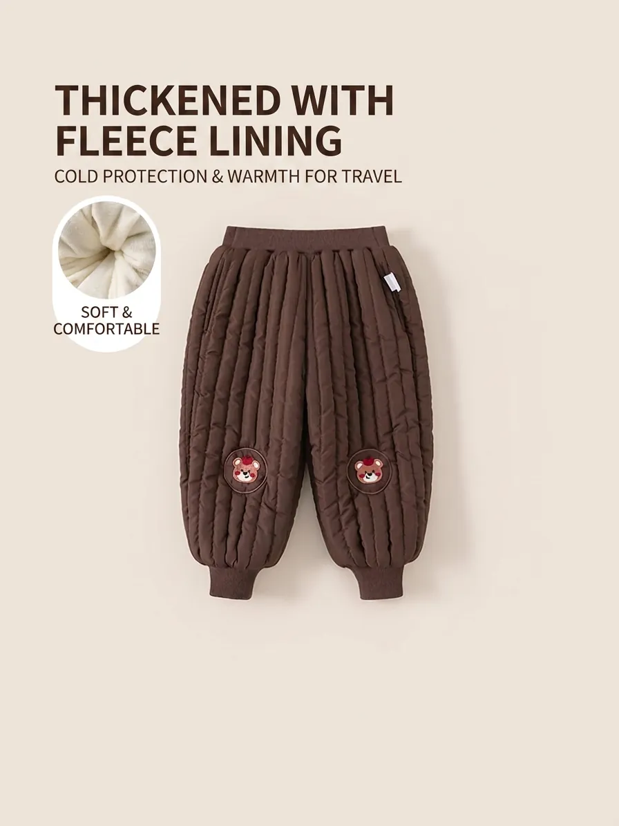 Pantalon de Jogging Matelassé en Polaire pour Enfants Garçons Filles Chaud Épais Broderie Ours Pantalon Thermique Taille Élastique