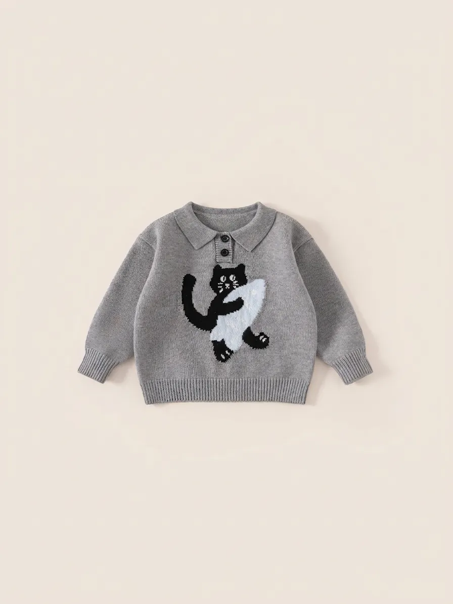 Kids Casual Cartoon Cat Jacquard Knit Sweater Warm Winter Long Sleeve Polo Neck Acrylic Blend Pullover For Boys Girls