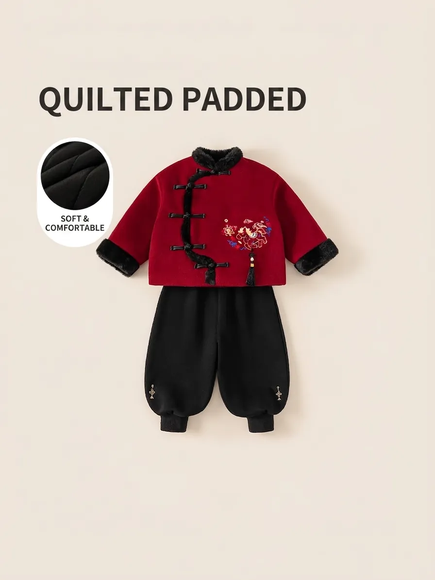 Boys Traditional Chinese Style Clothing Set Quilted Thickened Winter Tang Suit Red Top Black Pants Embroidered Auspicious Beast Faux Fur Trim