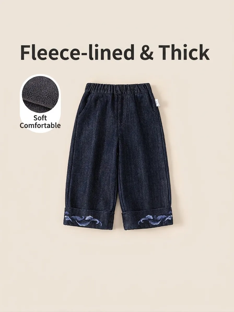 Kids Winter Warm Fleece Lined Denim Pants Girls Boys Embroidery Cloud Pattern Soft Jeans Elastic Waist Toddler Trousers