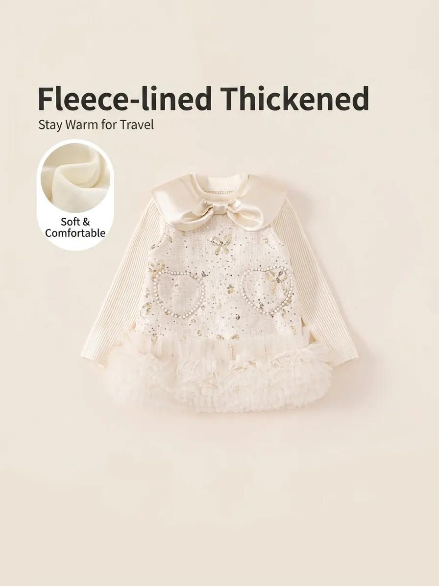 Ensemble Deux Pièces Robe de Princesse en Tweed Doublée Polaire et Pull pour Filles Style Chanel avec Nœud Künstliche Perles Ourlet en Maille Doux Tenue d'Hiver
