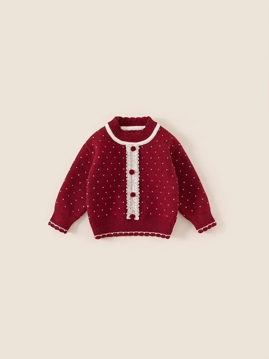 Girls Vintage Red Knitted Cardigan Sweater Heart Polka Dot Pattern Lace Trim Pom Pom Button Thickened Warm Winter Tops