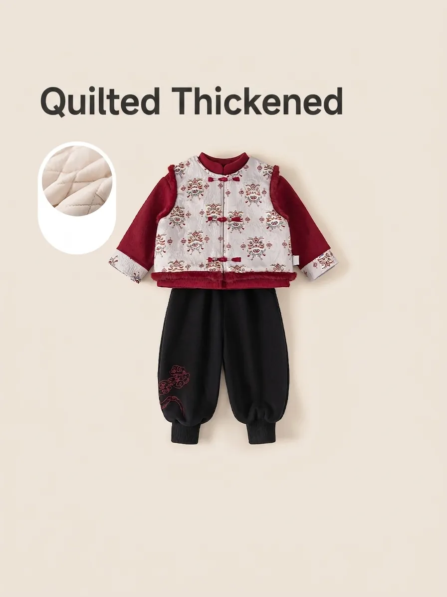 Boys Traditional Chinese Style Clothing Outfit Thickened Lion Dance Embroidery Vest Shirt Pants Winter Festive Clothes