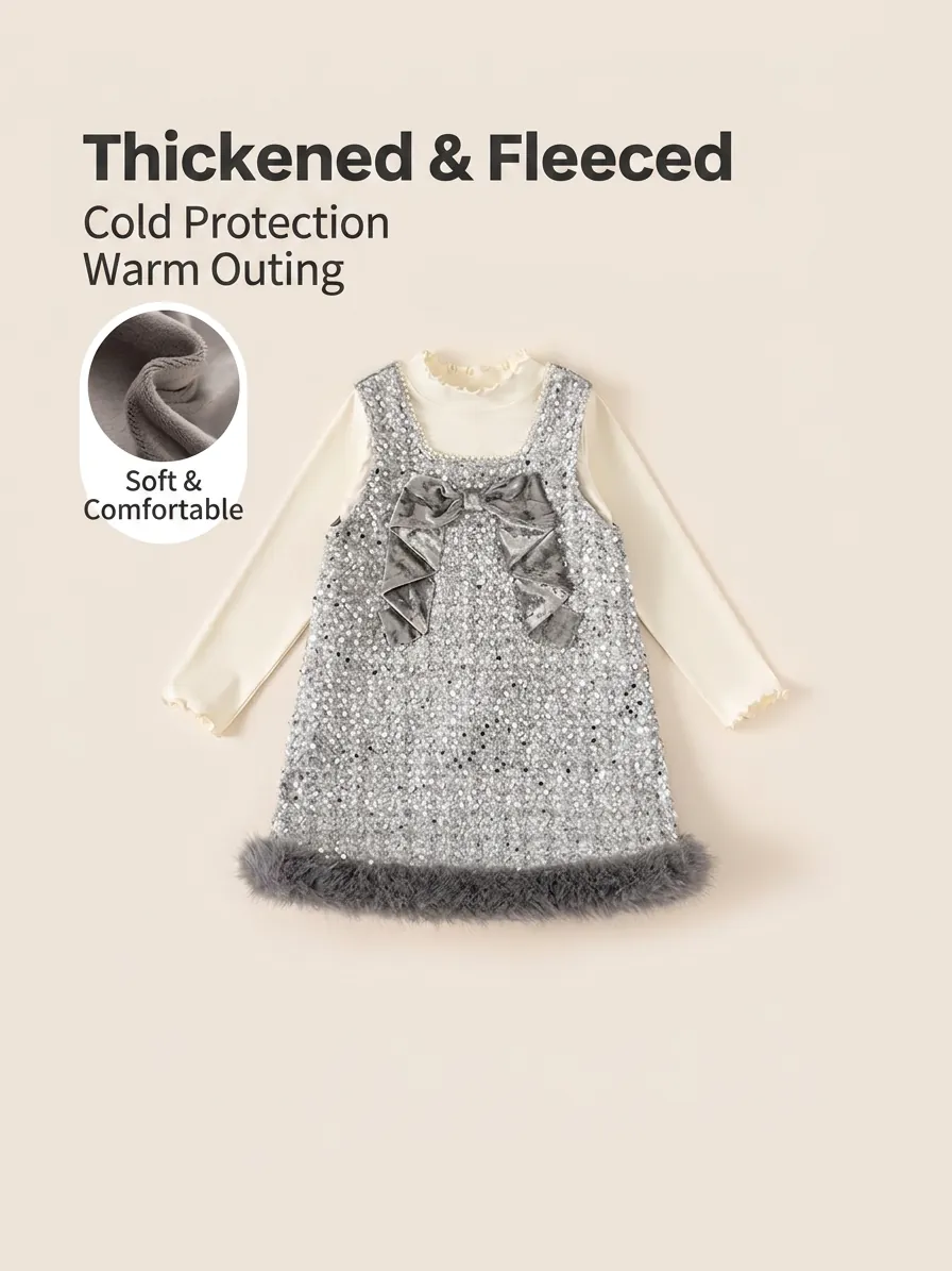 Mädchen Chanel-Stil Zweiteiliges Set Pailletten Ärmelloses Latzkleid Und Langarm Rollkragenoberteil Winter Verdickte Kinderbekleidung