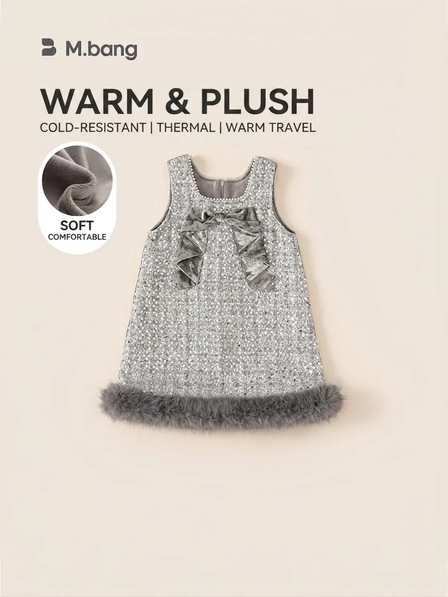 Girls Sequin Princess Dress With Bowknot Faux Fur Trim Fleece Lined Holiday Sleeveless Party Dress And Turtleneck Top Set