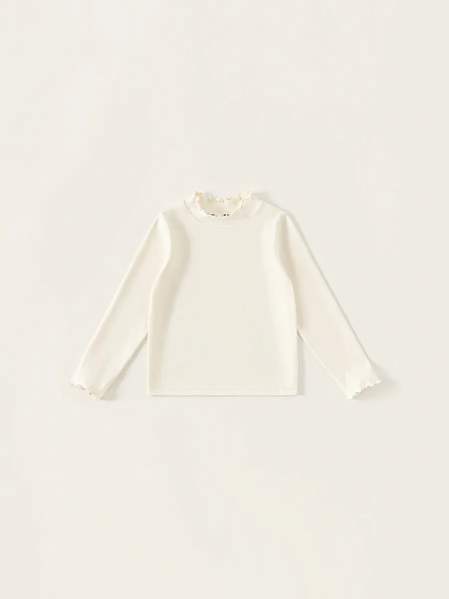 Girls Cotton Ruffle Edge Long Sleeve Base Shirt Ribbed Knit Solid Color Sweet Mock Neck Undershirt For Children Toddler Tops