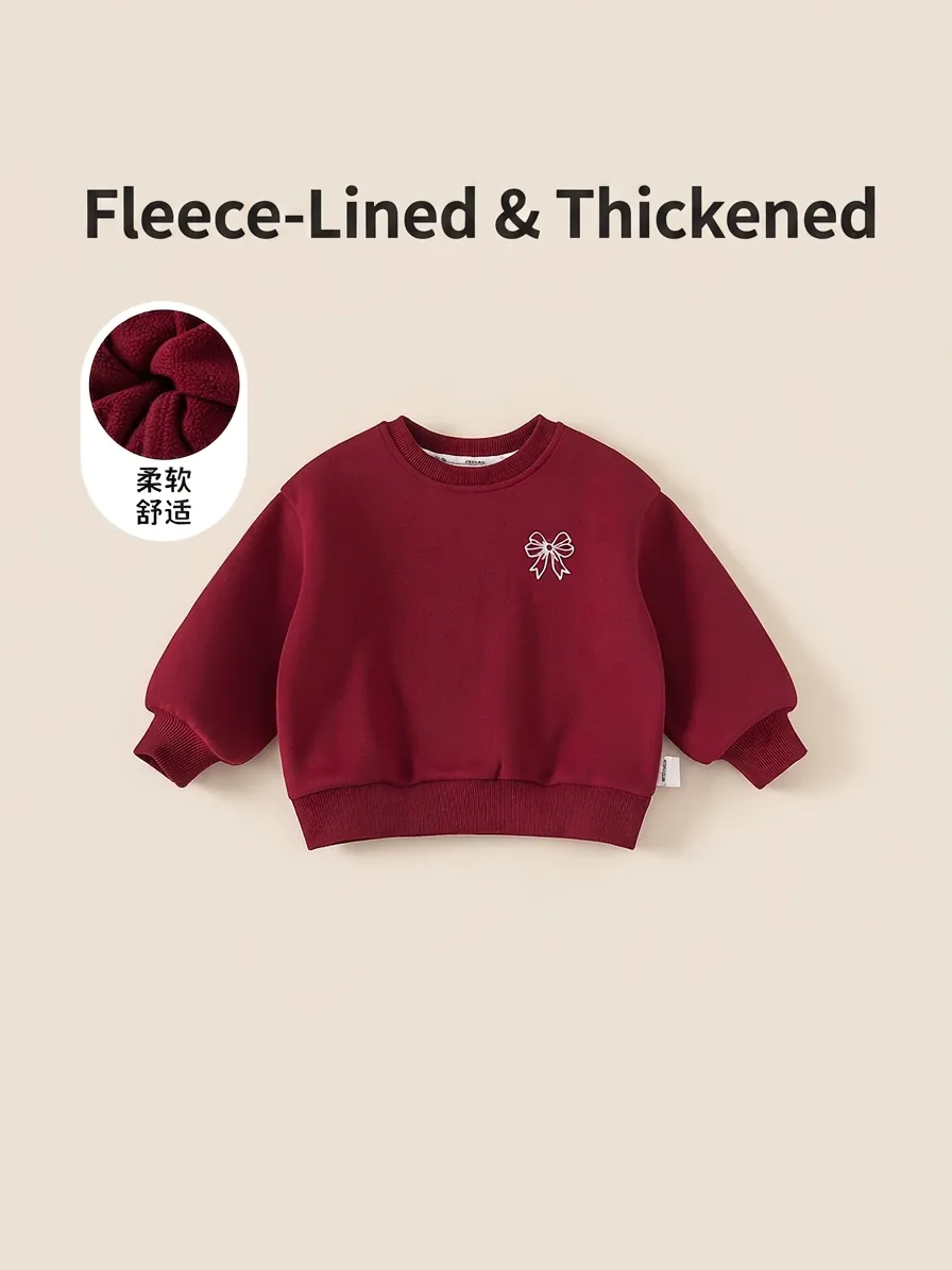 Sweat-shirt Doublé de Polaire pour Enfants Rouge Vin Motif Nœud Chaud Hiver Haut Pullover Manches Longues pour Garçons Filles Vêtements Décontractés