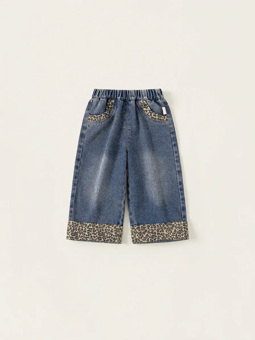 Jean Denim Patchwork Léopard Fille Mode Style Coréen Taille Élastique Jambe Large Pantalon Mélange Coton pour Enfants