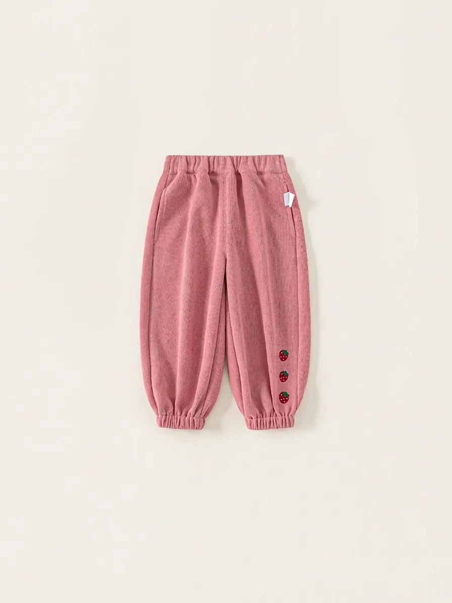 Mädchen Süße Rosa Jogginghose Erdbeer Stickerei Elastische Taille Gekrempelter Saum Baumwollmischung Lässig Frühling Herbst Kinder Hose