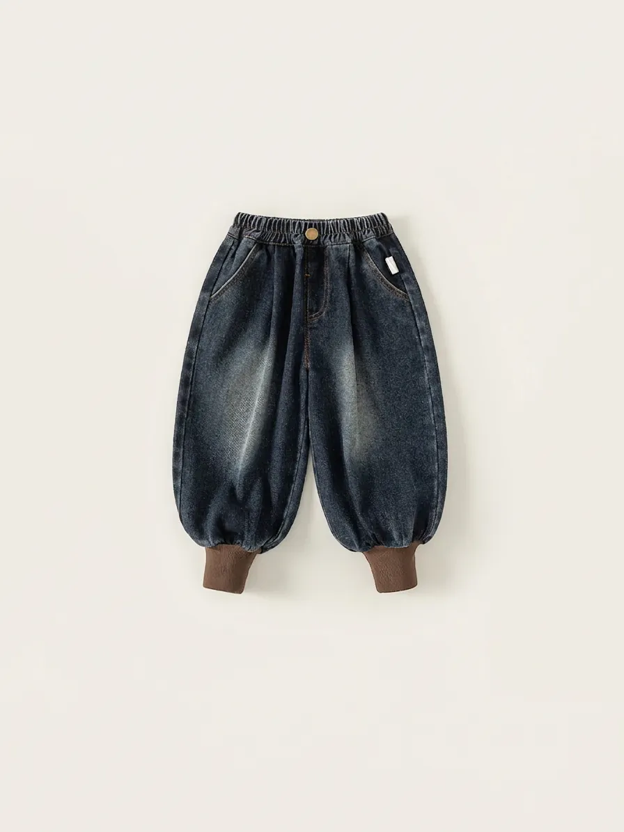 Kids Boys Fashion Washed Denim Jogger Pants Elastic Waist Ribbed Cuffs Casual Long Jeans For Toddler Children Blue