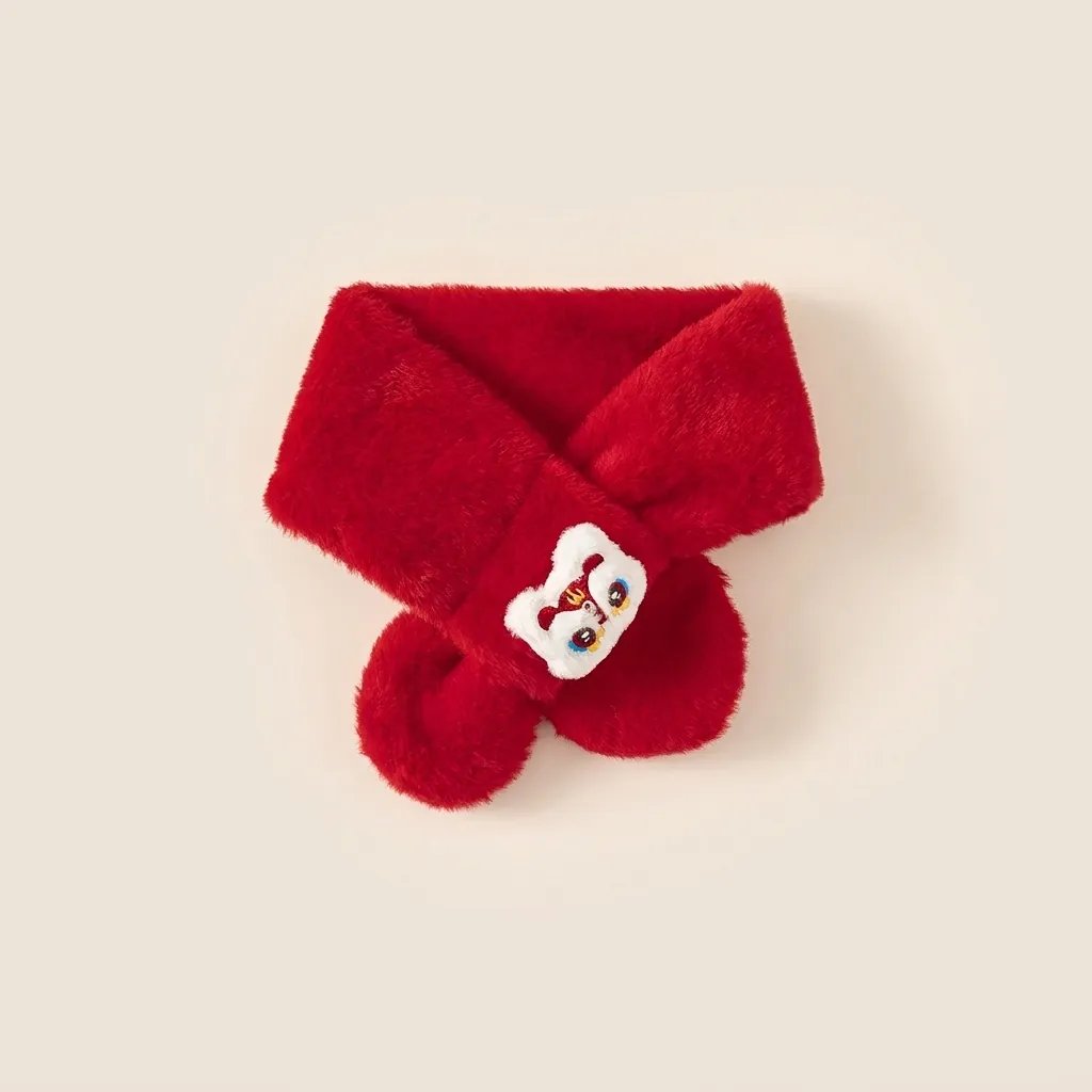 Écharpe en Peluche Chaude pour Enfants en Coton Cache-Cou Hiver Dessin Animé Danse du Lion Brodée pour Garçons Filles Cadeau Nouvel An