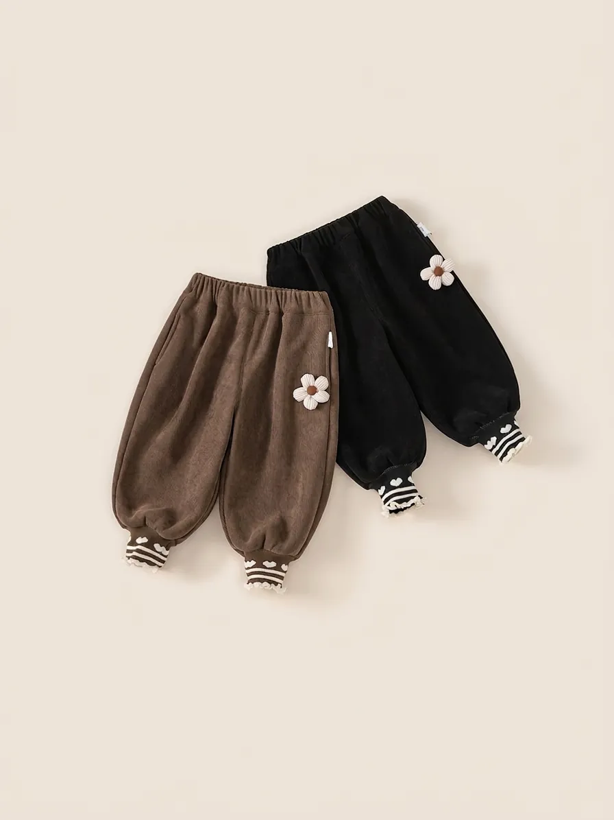 Pantalon Décontracté pour Petites Filles Doublé Polaire Pantalon d'Hiver Chaud Décoration Florale Jogging Rayé avec Cœur pour Enfants
