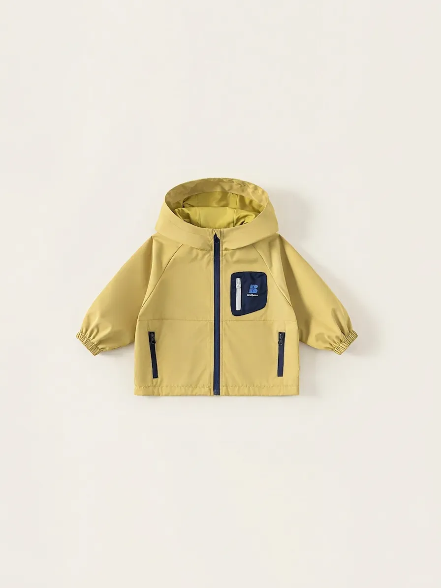 Veste à Capuche Coupe-Vent Garçon Printemps Automne Randonnée Enfant Veste Fermeture Éclair Contrastée Manteau Jaune Moutarde Haut Enfant