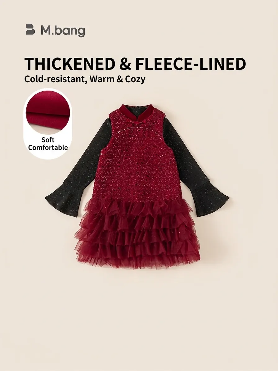 Festive Girls Sequin Tulle Dress Set Chinese New Year Fleece Lined Winter Clothing Red Black Patchwork Girls Outfit