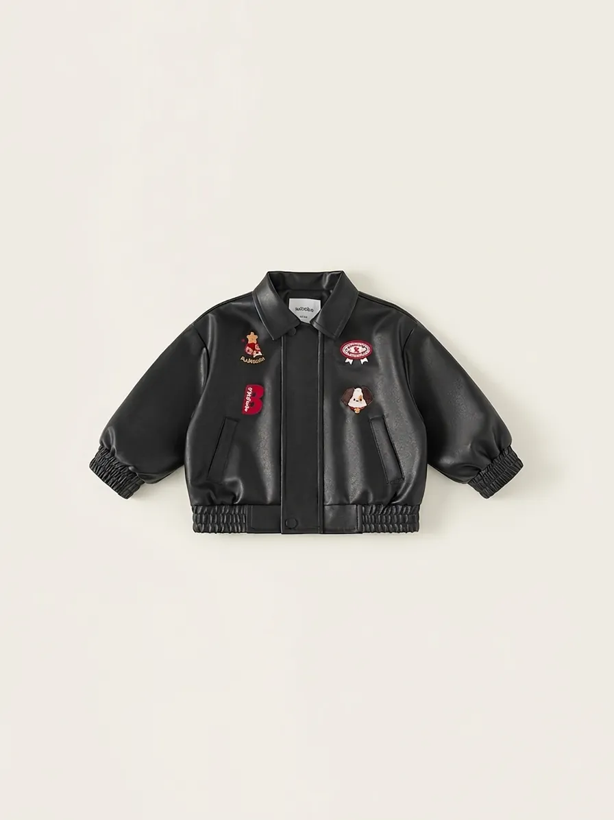 Toddler Kids PU Leather Jacket Fashion Embroidery Cartoon Patch Coat For Boys Girls Casual Spring Lapel Outerwear Clothing