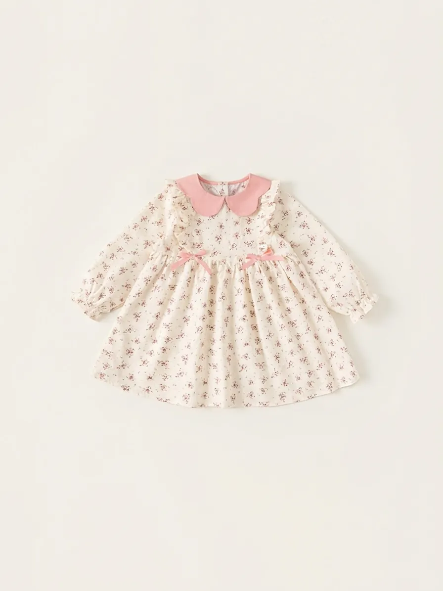 Dolce Vestito a Maniche Lunghe Floreale da Bambina in Cotone Colletto Peter Pan Fiocco Stampa Volant Linea A Abbigliamento Casual