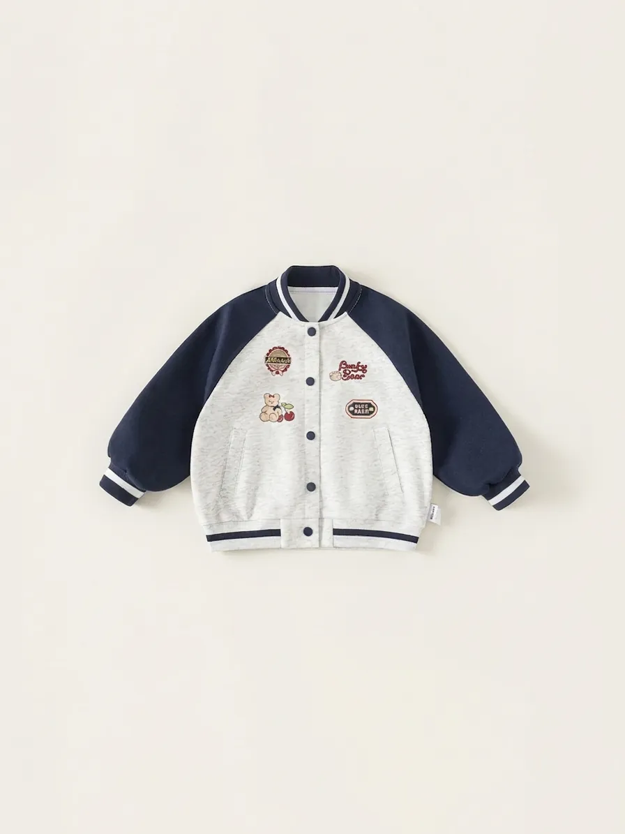 Kids Varsity Jacket Contrast Color Cotton Blend Embroidery Bear Patchwork Coat Striped Ribbed Trim Casual Baseball Uniform
