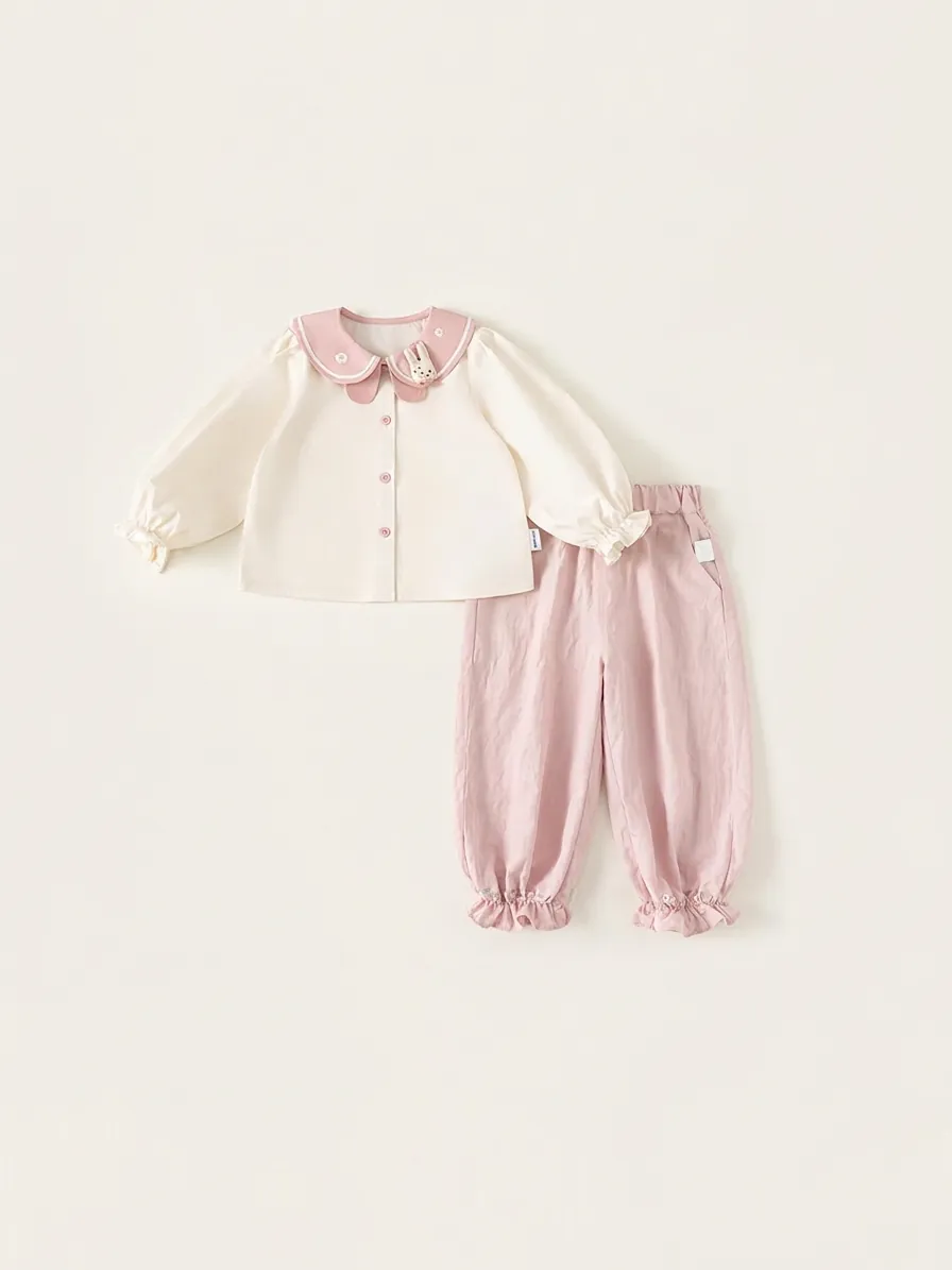 Girl Sweet Cotton Viscose Clothing Set Bunny Embroidery Peter Pan Collar Top Ruffle Cuff Lantern Pants Spring Autumn Casual Two Piece Set