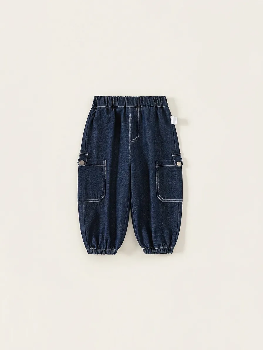 Boys Cargo Denim Pants Elastic Waist Toddler Jogger Jeans Cotton Blend Washed Baseball Embroidery Casual Bottoms