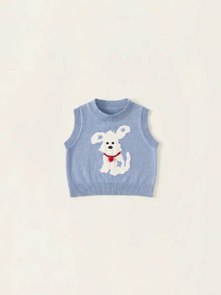 Toddler Boys Knitted Vest Cartoon Dog Pattern Sleeveless Knitwear Round Neck Sweater Waistcoat For Kids Spring Fall Outfit